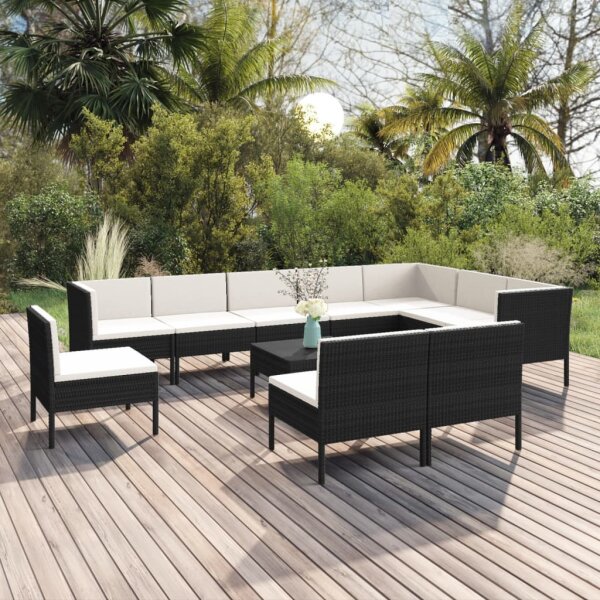 vidaXL 11-tlg. Garten-Lounge-Set mit Auflagen Poly Rattan Schwarz