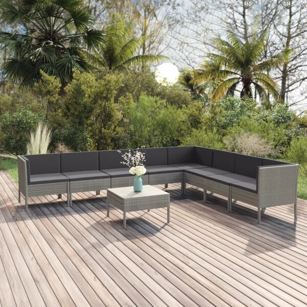 vidaXL 9-tlg. Garten-Lounge-Set mit Auflagen Poly Rattan Grau