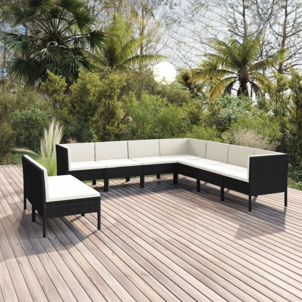 vidaXL 9-tlg. Garten-Lounge-Set mit Auflagen Poly Rattan Schwarz