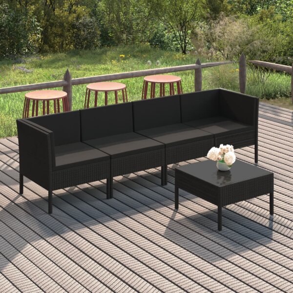 vidaXL 5-tlg. Garten-Lounge-Set mit Auflagen Poly Rattan Schwarz