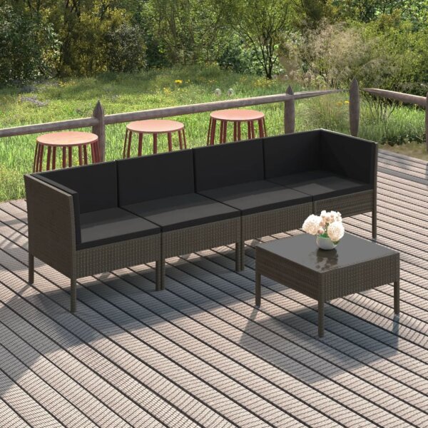 vidaXL 5-tlg. Garten-Lounge-Set mit Auflagen Poly Rattan Grau