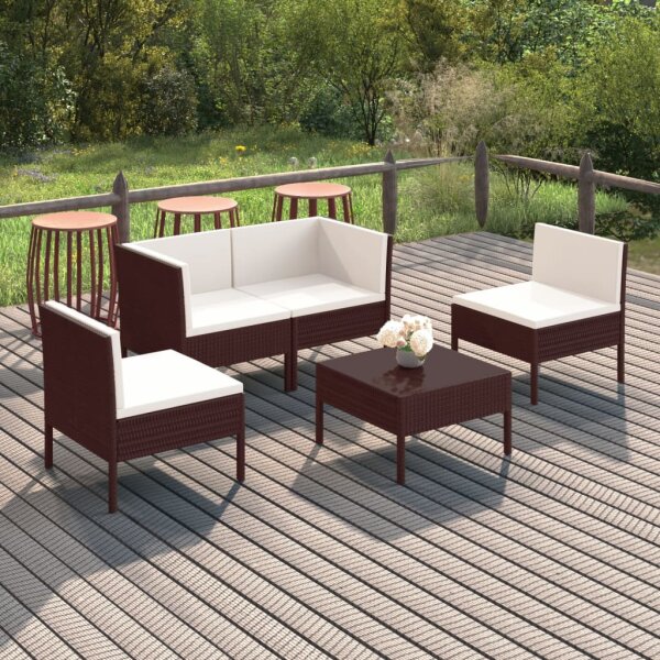 vidaXL 5-tlg. Garten-Lounge-Set mit Auflagen Poly Rattan Braun