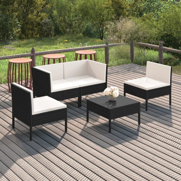 vidaXL 5-tlg. Garten-Lounge-Set mit Auflagen Poly Rattan Schwarz