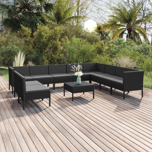 vidaXL 11-tlg. Garten-Lounge-Set mit Auflagen Poly Rattan Schwarz