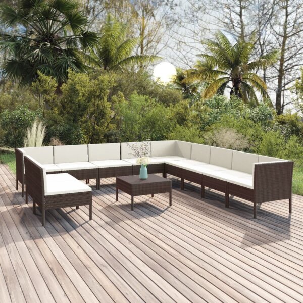 vidaXL 12-tlg. Garten-Lounge-Set mit Auflagen Poly Rattan Braun