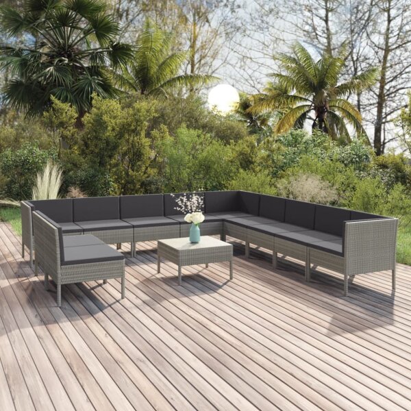 vidaXL 12-tlg. Garten-Lounge-Set mit Auflagen Poly Rattan Grau