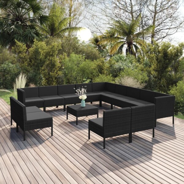 vidaXL 14-tlg. Garten-Lounge-Set mit Auflagen Poly Rattan Schwarz