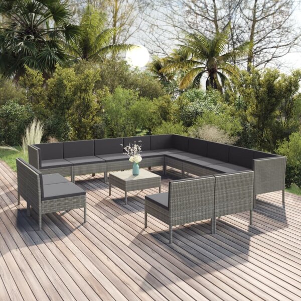 vidaXL 14-tlg. Garten-Lounge-Set mit Auflagen Poly Rattan Grau