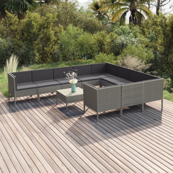 vidaXL 11-tlg. Garten-Lounge-Set mit Auflagen Poly Rattan Grau