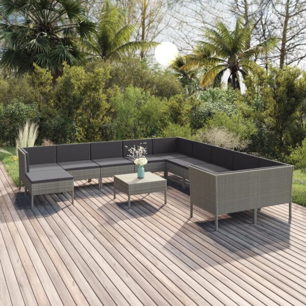 vidaXL 12-tlg. Garten-Lounge-Set mit Auflagen Poly Rattan Grau