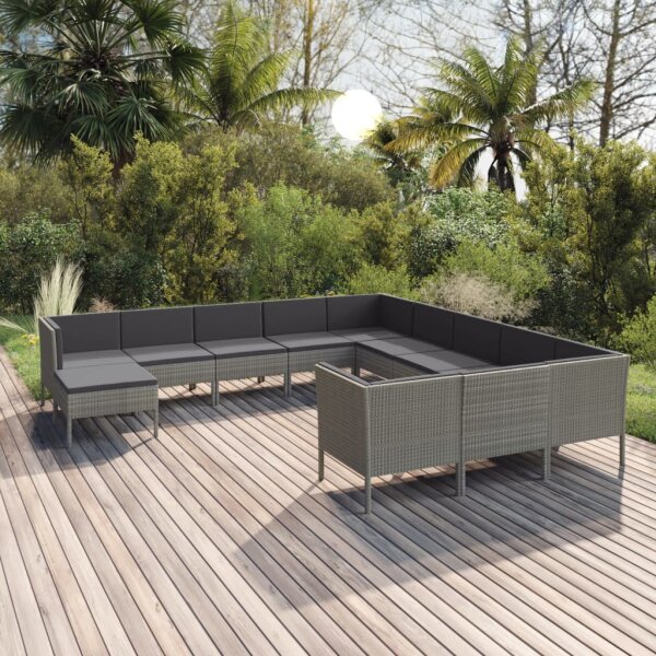 vidaXL 12-tlg. Garten-Lounge-Set mit Auflagen Poly Rattan Grau