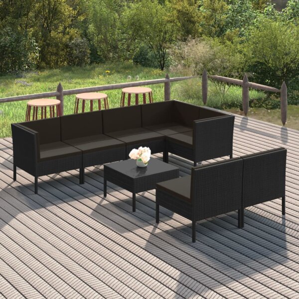 vidaXL 8-tlg. Garten-Lounge-Set mit Auflagen Poly Rattan Schwarz