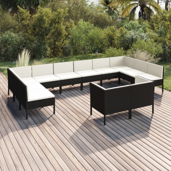 vidaXL 12-tlg. Garten-Lounge-Set mit Auflagen Poly Rattan Schwarz