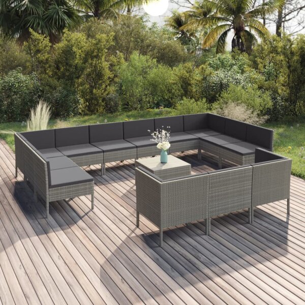 vidaXL 14-tlg. Garten-Lounge-Set mit Auflagen Poly Rattan Grau