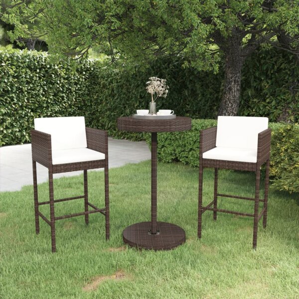 vidaXL 3-tlg. Gartenbar-Set mit Kissen Poly Rattan Braun