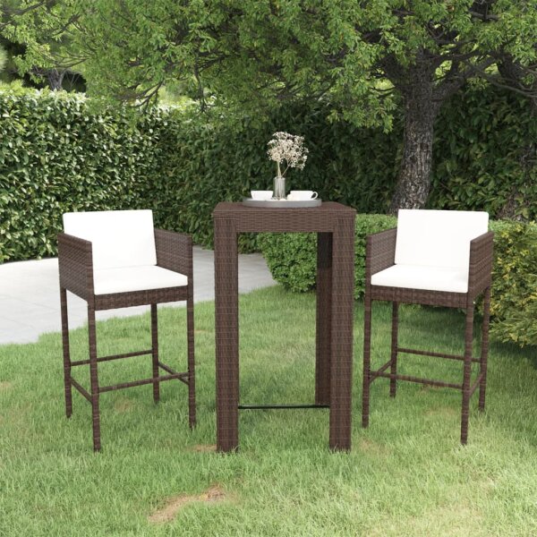 vidaXL 3-tlg. Gartenbar-Set mit Kissen Poly Rattan Braun