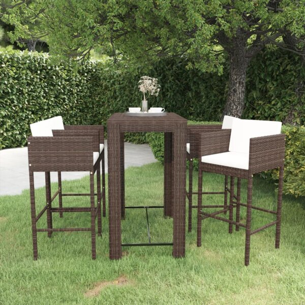 vidaXL 5-tlg. Gartenbar-Set mit Kissen Poly Rattan Braun