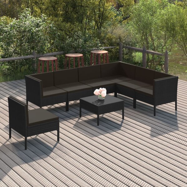 vidaXL 8-tlg. Garten-Lounge-Set mit Auflagen Poly Rattan Schwarz