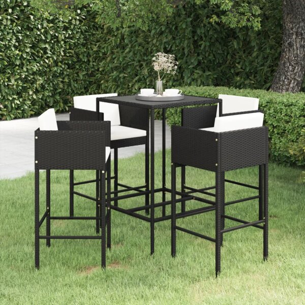 vidaXL 5-tlg. Gartenbar-Set mit Kissen Poly Rattan Schwarz