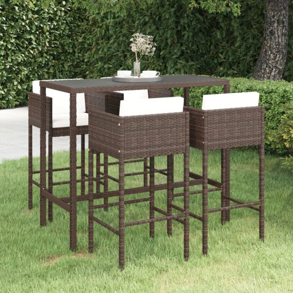 vidaXL 5-tlg. Gartenbar-Set mit Kissen Poly Rattan Braun