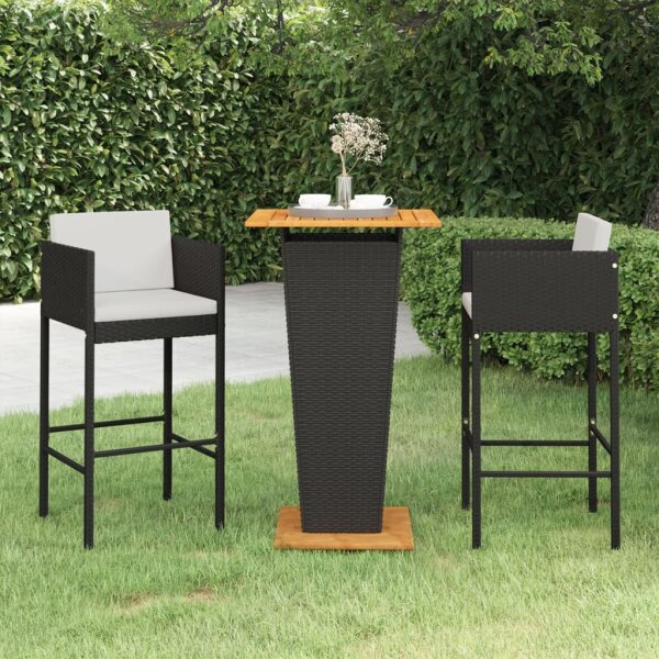 vidaXL 3-tlg. Gartenbar-Set mit Kissen Poly Rattan Schwarz