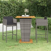 vidaXL 3-tlg. Gartenbar-Set mit Kissen Poly Rattan Grau