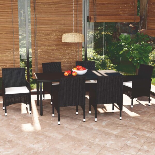 vidaXL 7-tlg. Garten-Essgruppe mit Kissen Poly Rattan Schwarz