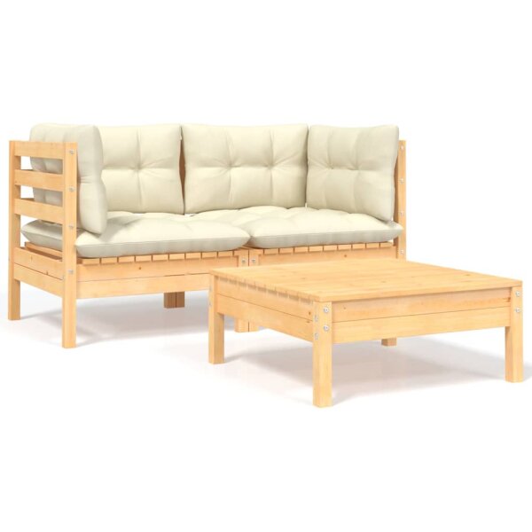 vidaXL 3-tlg. Garten-Lounge-Set mit Creme Kissen Massivholz Kiefer